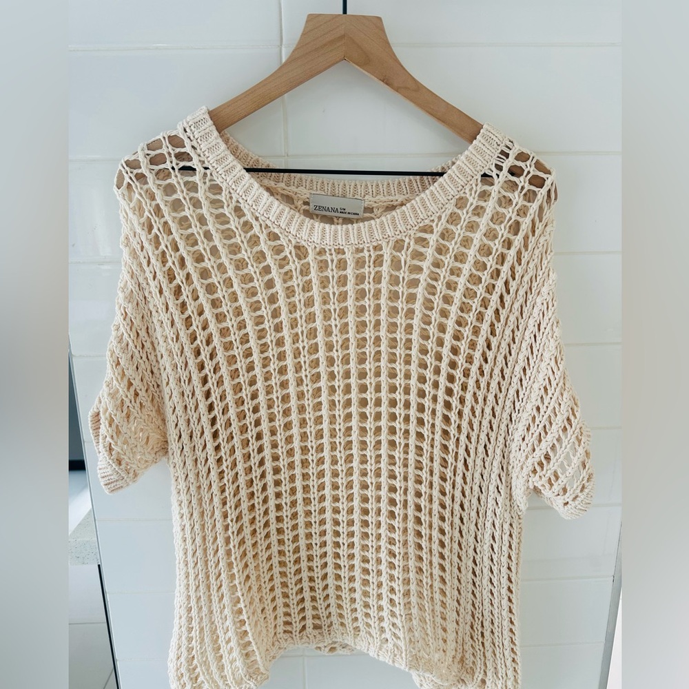 Zenana Cream 💯 Cotton Open Knit Crochet Short Sleeve Sweater - Picture 2 of 5